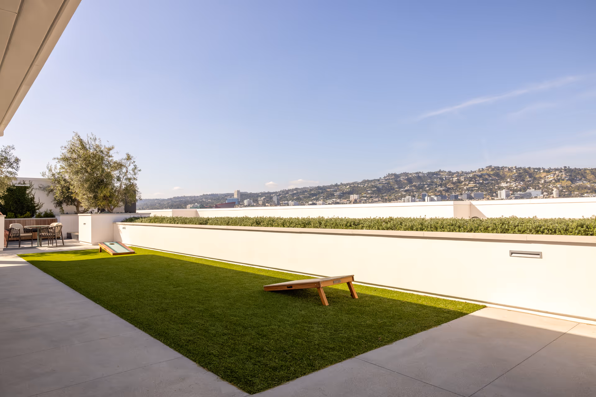 Rooftop outdoor terrace with grass, seating, and a distant cityscape.