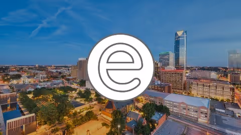 City skyline with tall buildings and a large white circular e watermark.