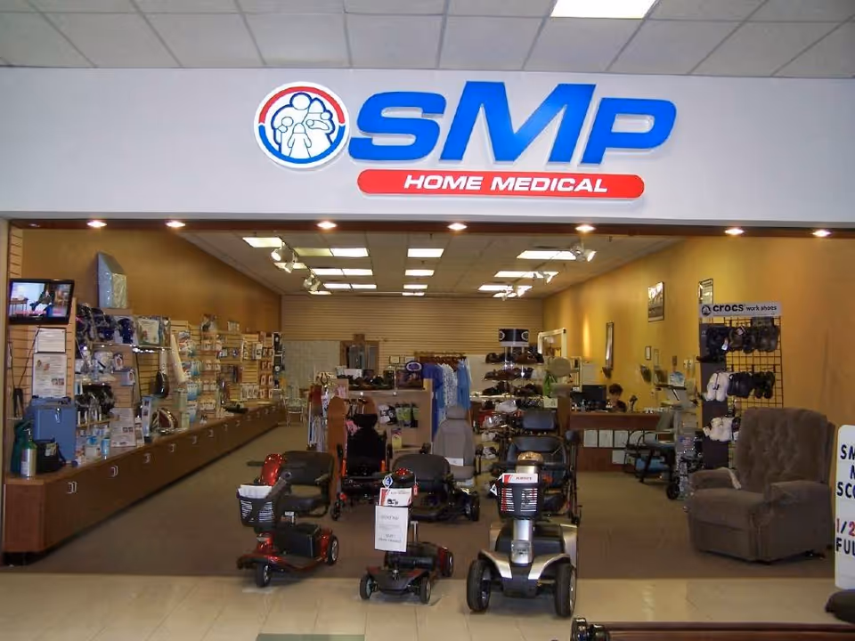 Interior of SMP Home Medical DuBois showroom with mobility scooters and medical supplies.