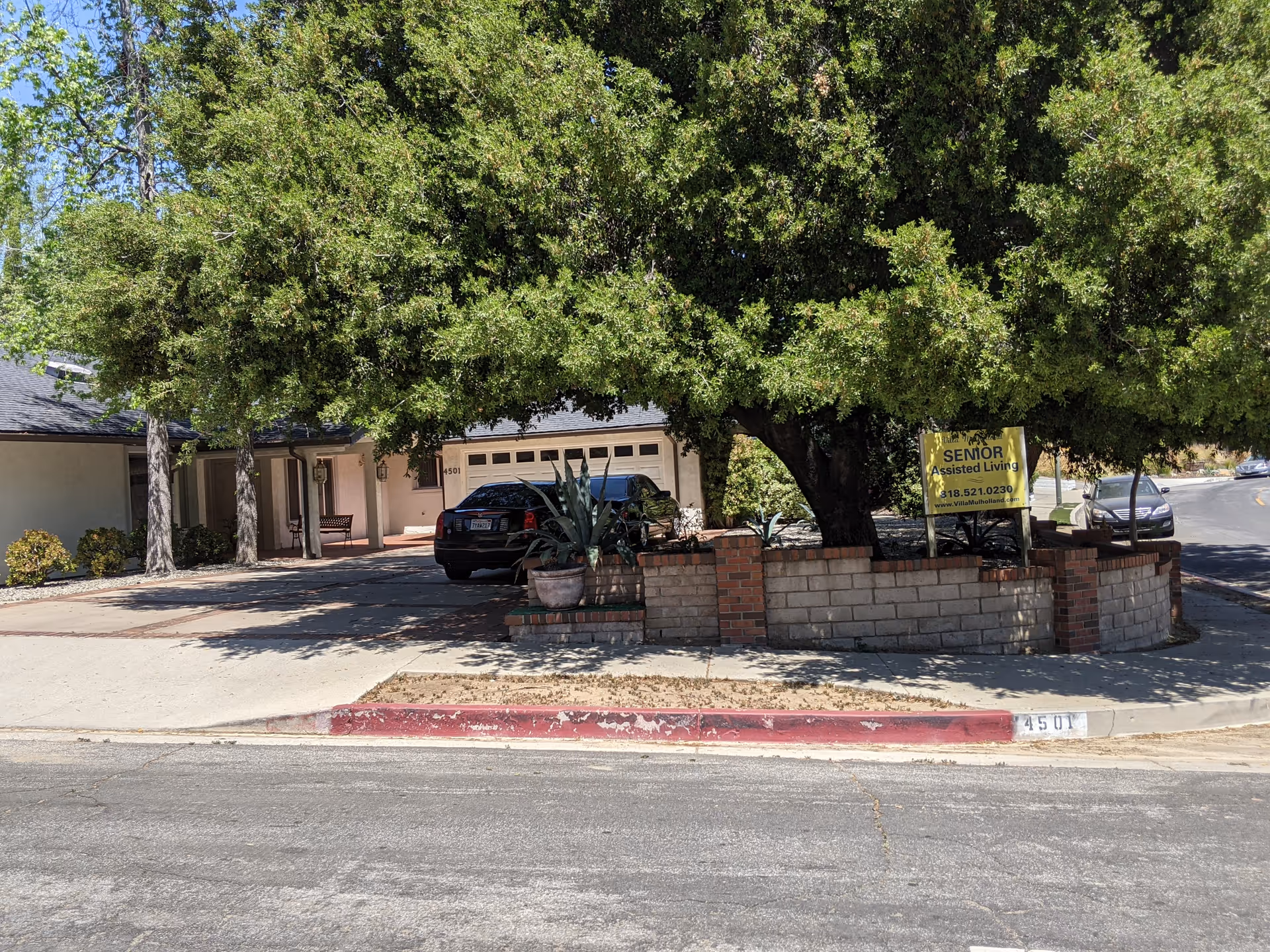 Front exterior of Villa Mulholland II with a large tree, driveway, and senior living sign.