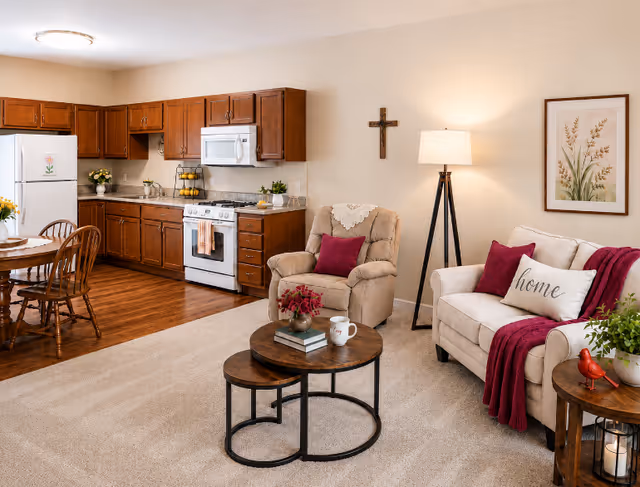 Cozy living area with beige sofas, recliner, coffee tables, and a kitchen in the background.