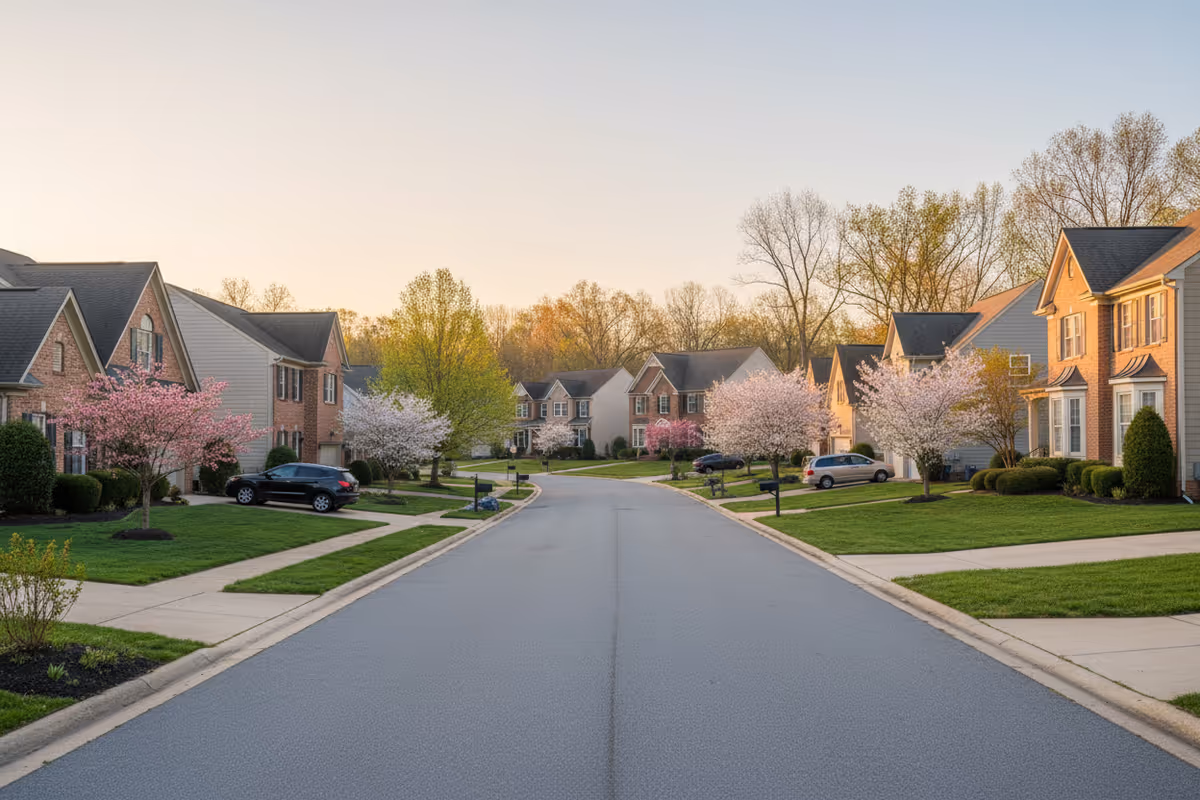 A quiet suburban street with flowering trees and row houses along Lavenderly campus.