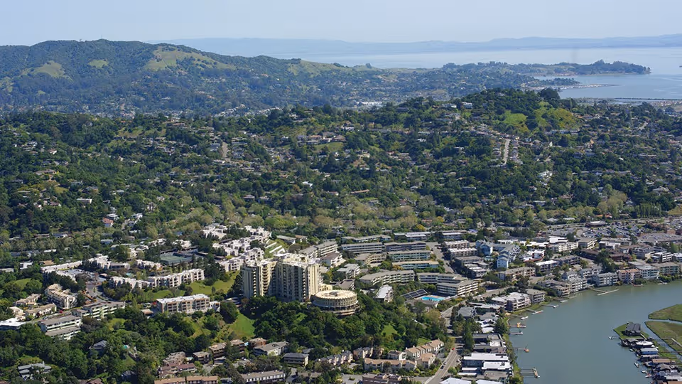 Aerial view of The Tamalpais Marin complex on a wooded hillside overlooking a bay and surrounding residential area.