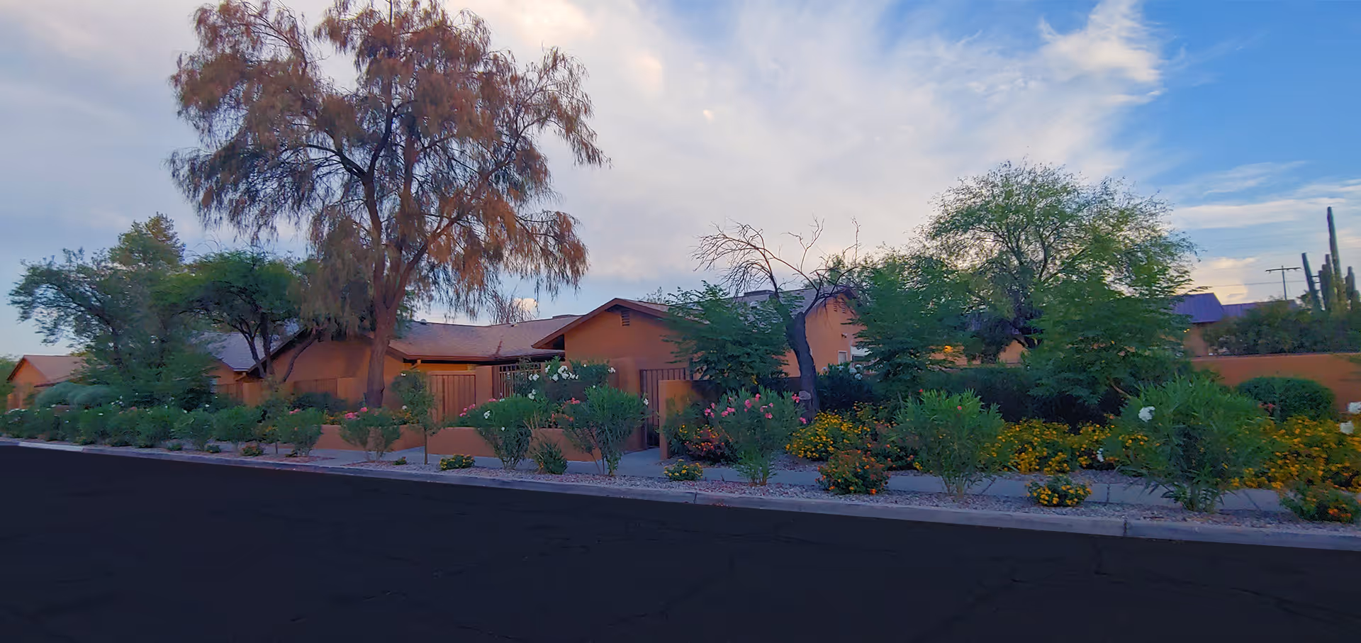 Exterior view of a single-story building surrounded by various trees and flowering bushes under a partly cloudy sky.
