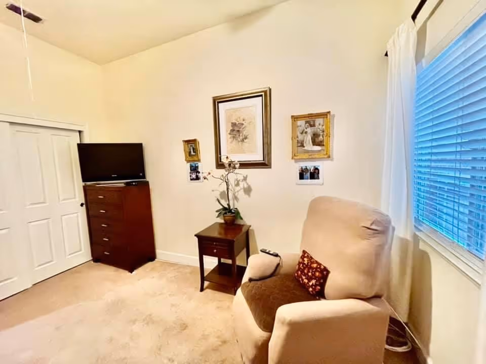 A cozy room with beige walls and carpet featuring a beige armchair with a brown cushion, a small wooden side table with a potted plant, a dark wooden dresser with a flat-screen TV on top, a window with white blinds and curtains, and framed pictures hanging on the wall.