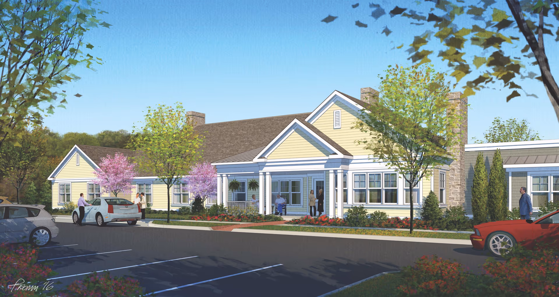 Front exterior of a single-story senior living building with landscaping and parked cars.