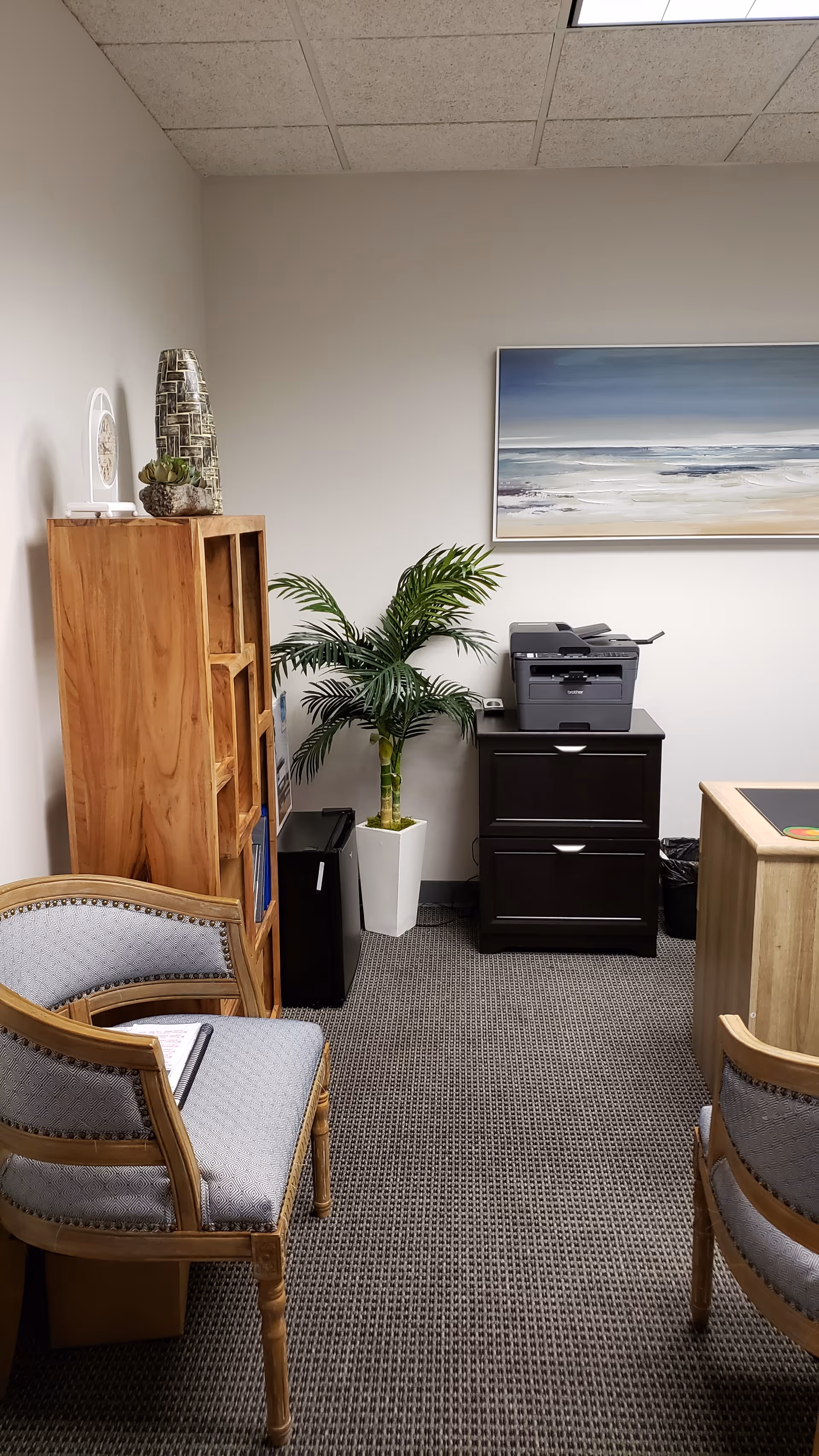 Small waiting area with wooden bookshelf, potted plant, printer, and framed seascape painting.