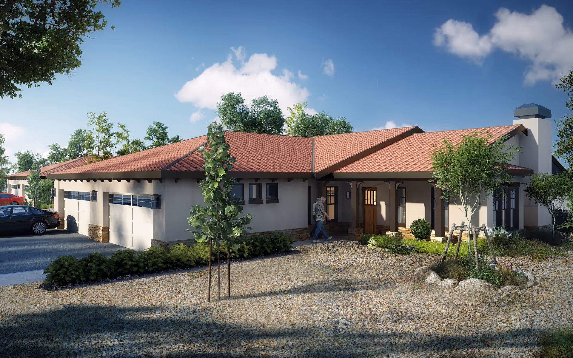 Exterior view of Clarendale of Chandler, modern single-story senior living facility with red tile roof.