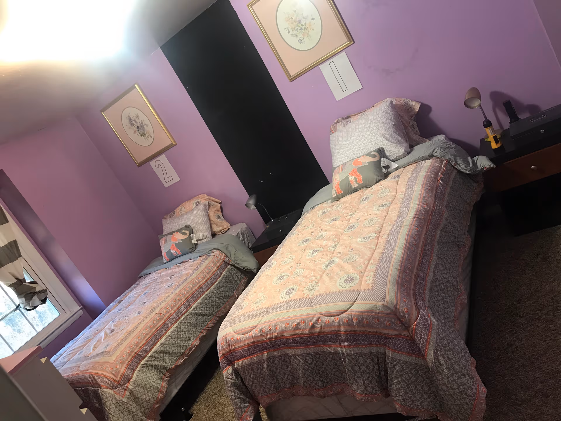 A bedroom with two twin beds placed side by side against a purple wall. Each bed has a patterned bedspread and pillows, including a decorative pillow with an elephant design. Above each bed hangs a framed floral picture with a number below it. There is a window with a curtain on the left side and a nightstand with a lamp and some items on the right side between the beds.