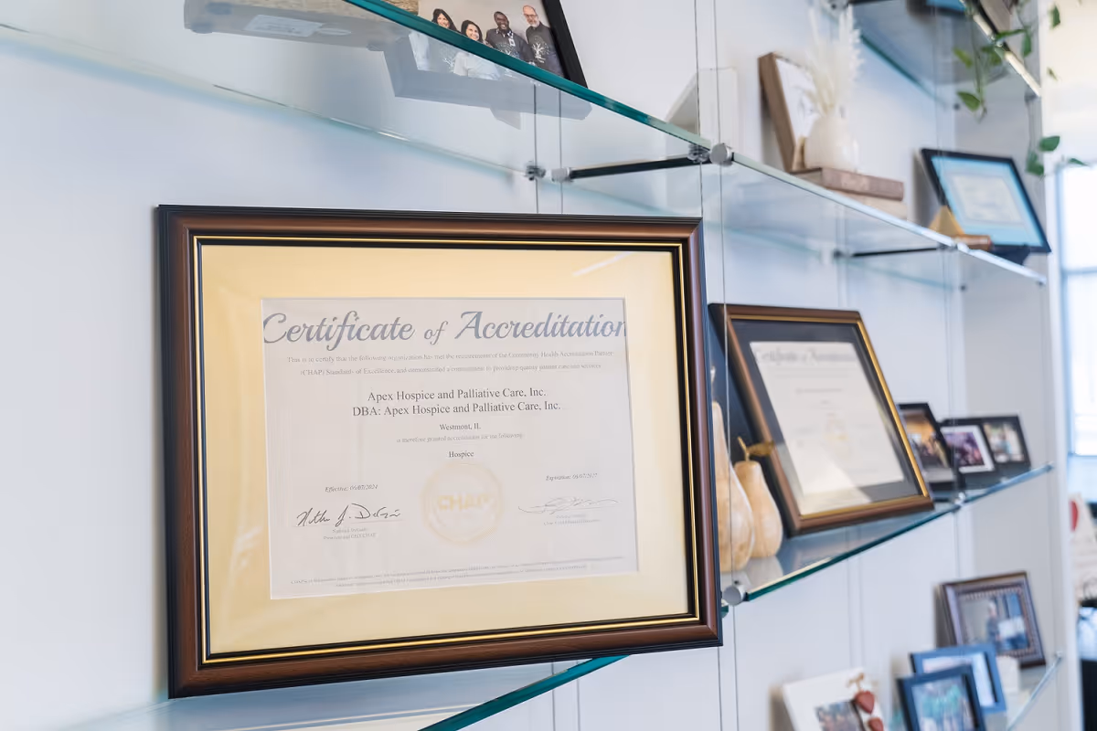 Interior wall with glass shelves displaying certificates, framed awards, and decorative items.