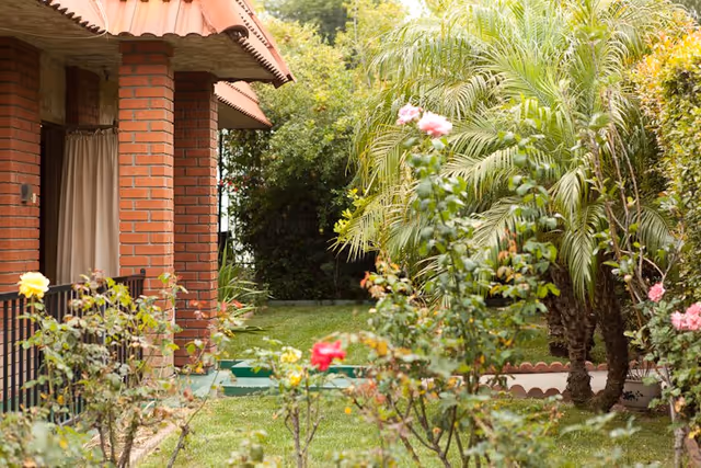 Brick porch and railing beside a lush garden with roses and palm trees.