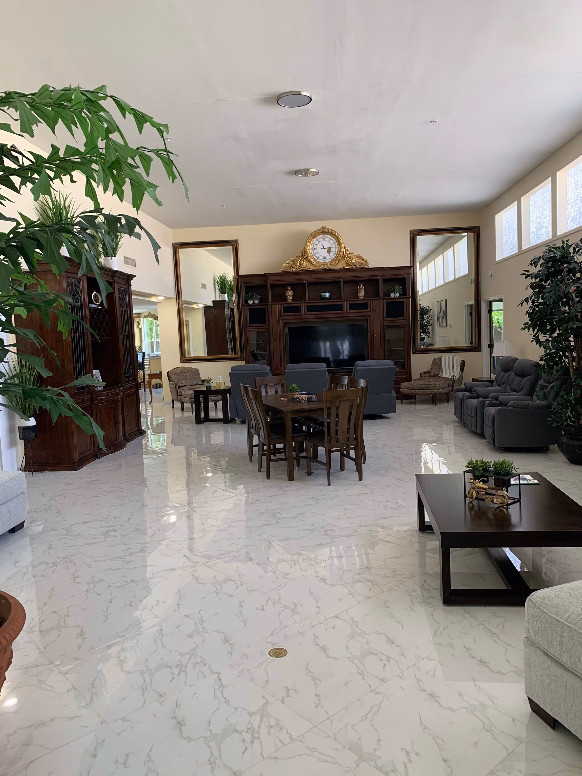 Spacious communal living room with a large entertainment center, dining table, sofas, and indoor plants.