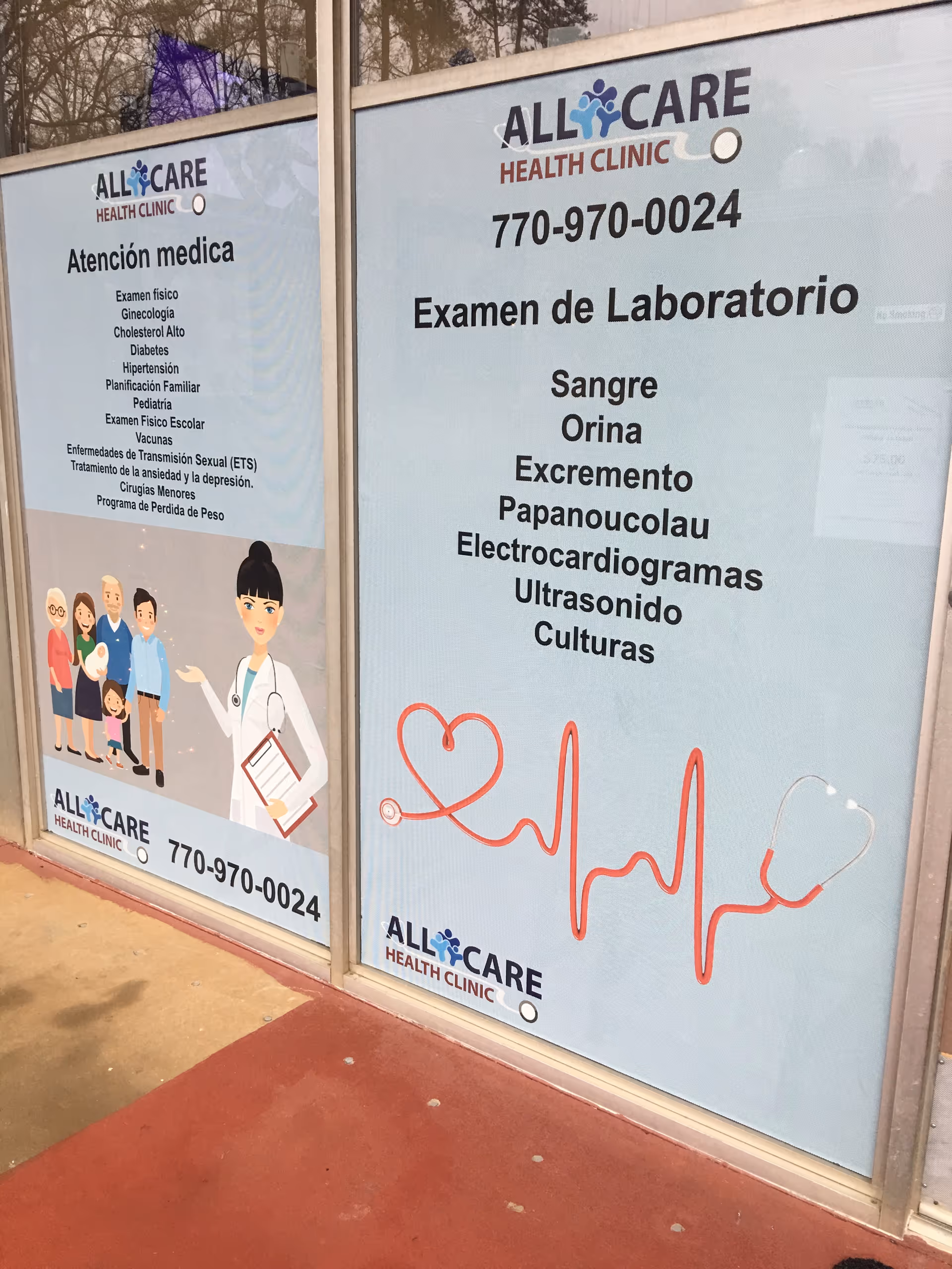 Front window signage for AllCare Health Clinic with lab tests listed in Spanish