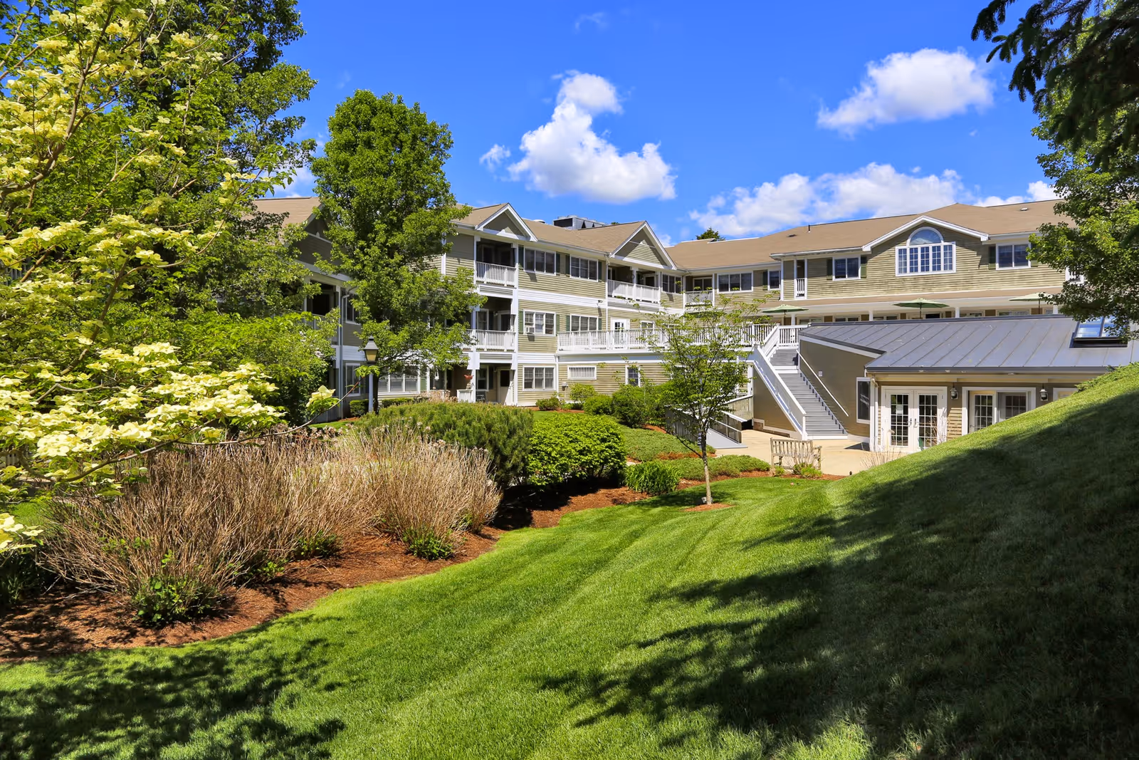 Exterior view of Maplewood at Weston, a multi-wing senior living building with landscaped grounds.