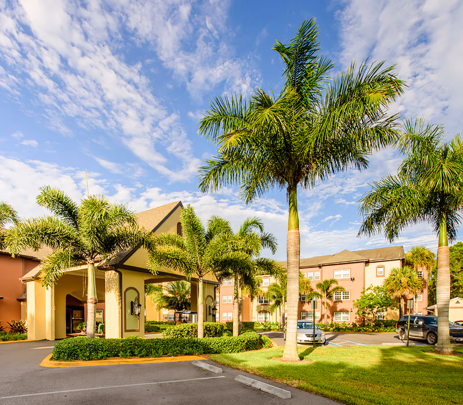 Sunny exterior view of Brookdale College Parkway with palm trees and a welcoming entrance.