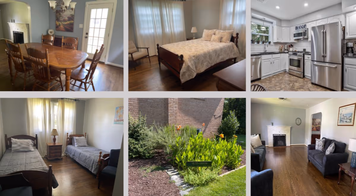 Collage showing dining room, bedrooms, kitchen, living room, and outdoor garden.