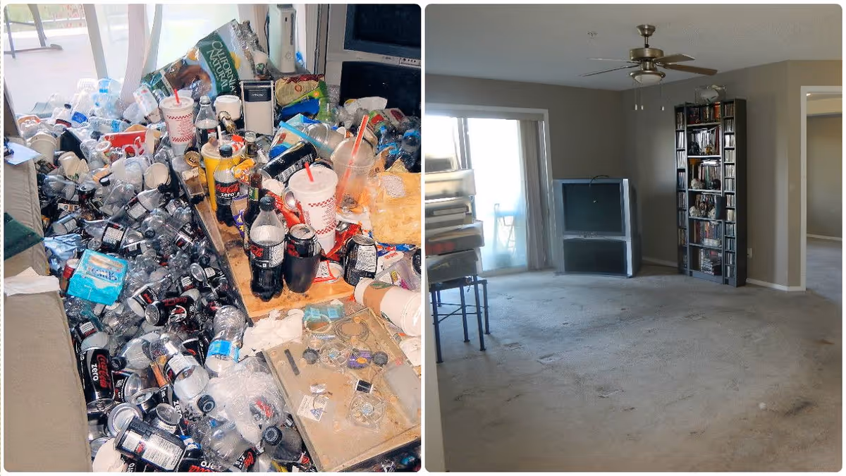 Split image shows a cluttered mess with bottles, cups on left; empty living room on right.
