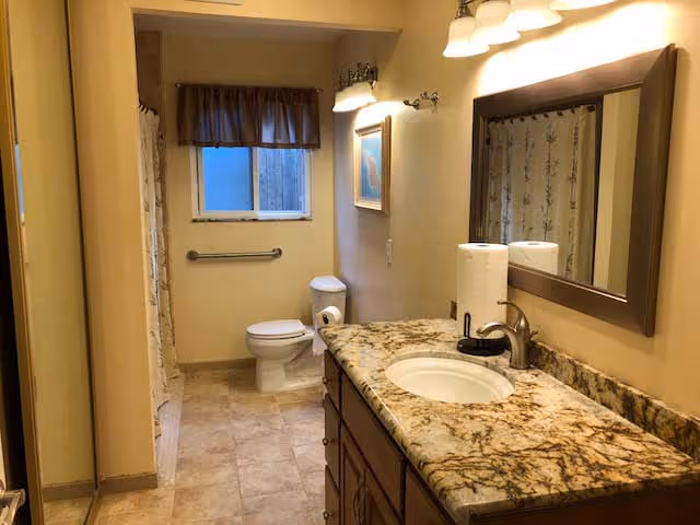 A bathroom with a granite countertop vanity featuring a sink, faucet, and paper towel holder. Above the vanity is a large mirror with three light fixtures. In the background, there is a toilet with a grab bar on the wall and a window with a brown valance. To the left, a shower area with a curtain is partially visible.