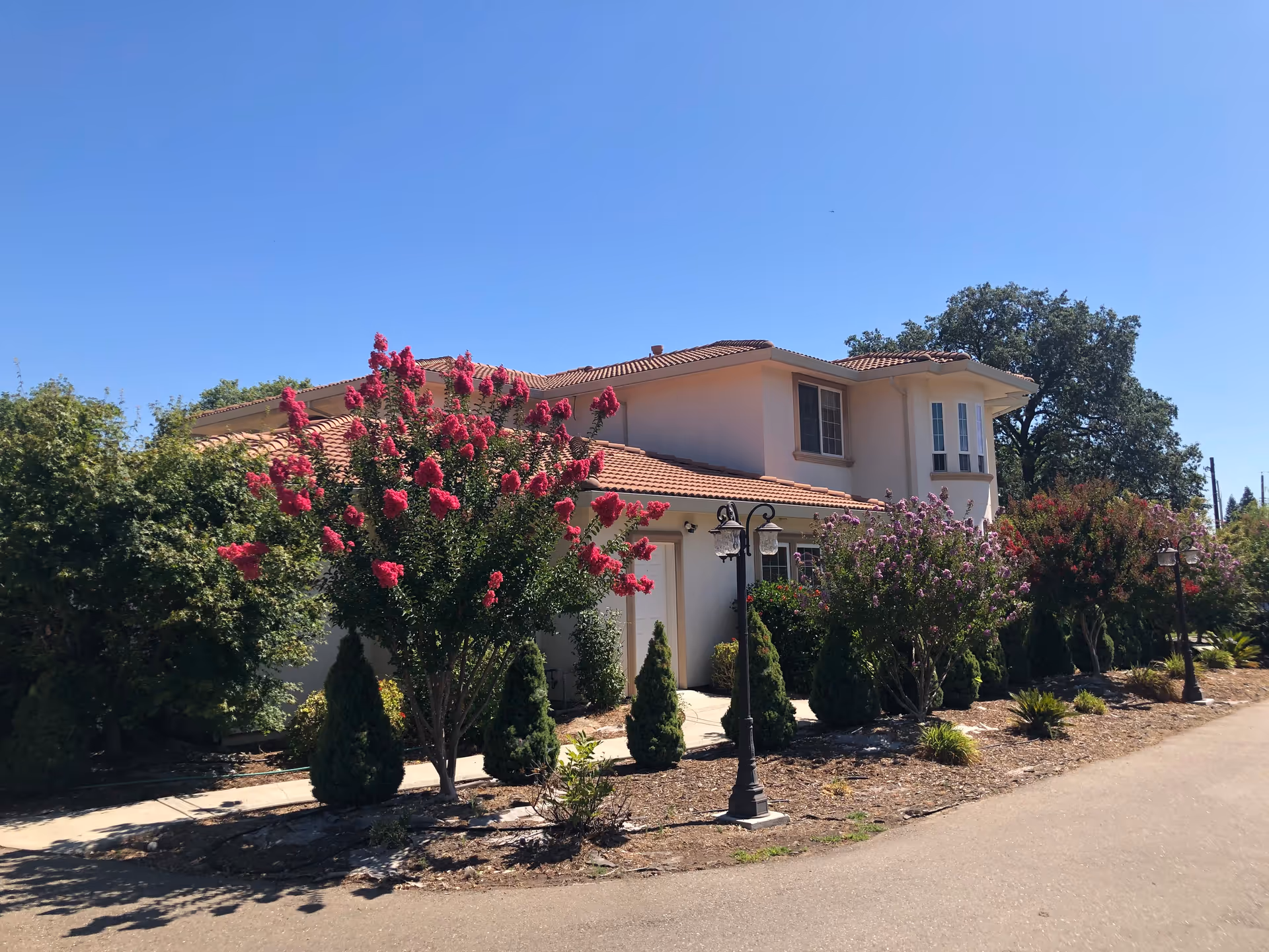 Front view of Sunflower's Home exterior with landscaped trees and shrubs.