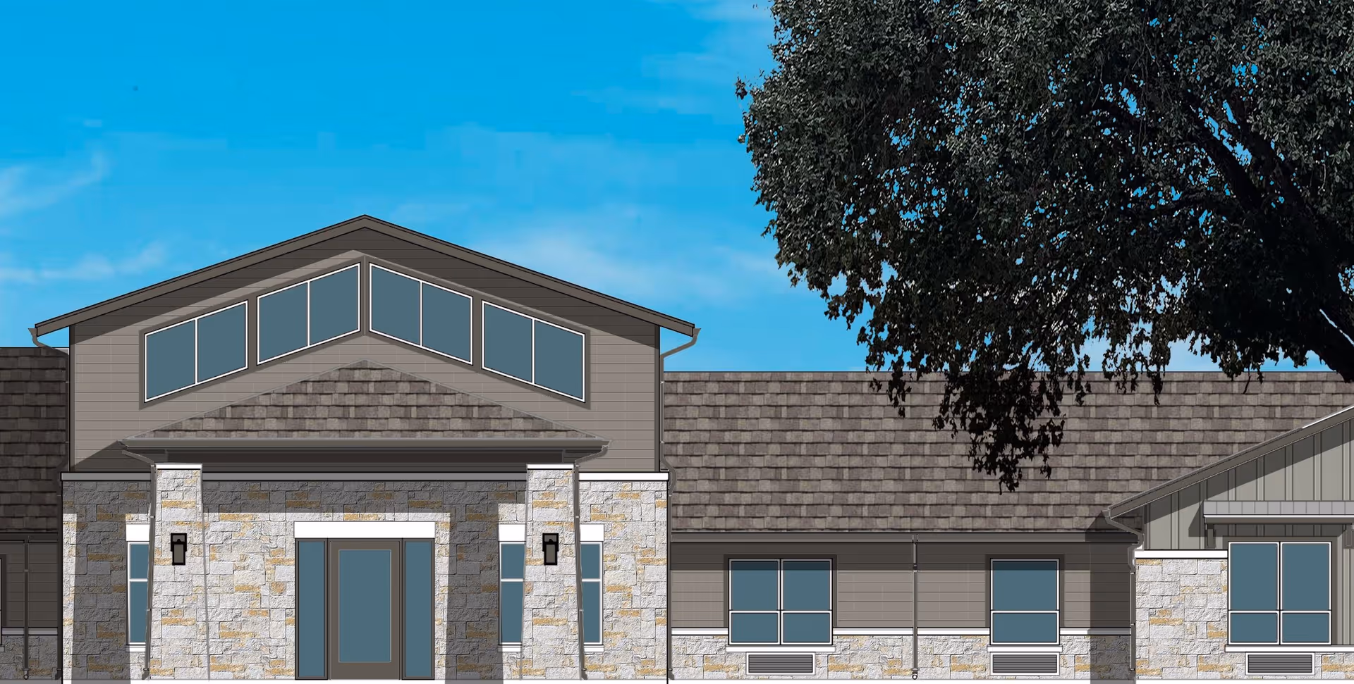 Front view of a modern senior living facility with stone facade, blue sky, and a tree.