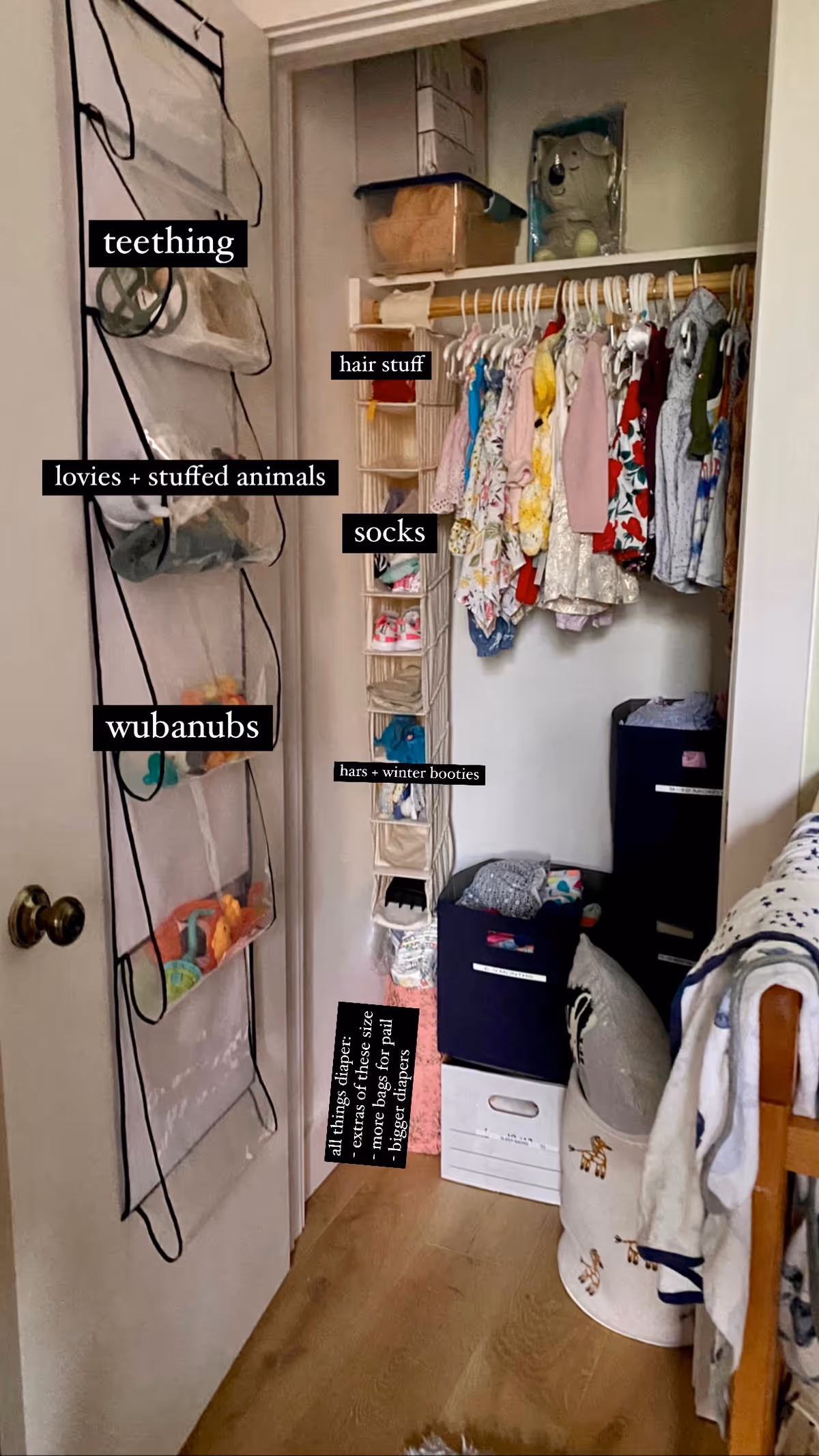 Open closet filled with hanging clothes, shelves, and labeled storage organizers.