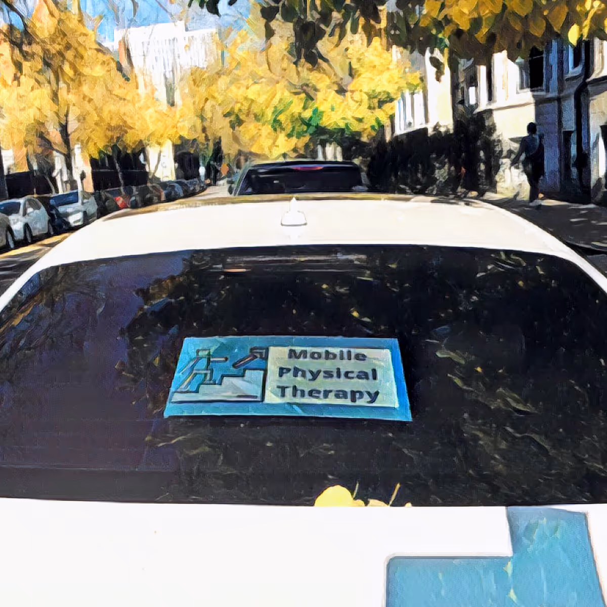 Rear view of a car with a Mobile Physical Therapy sticker on the window.