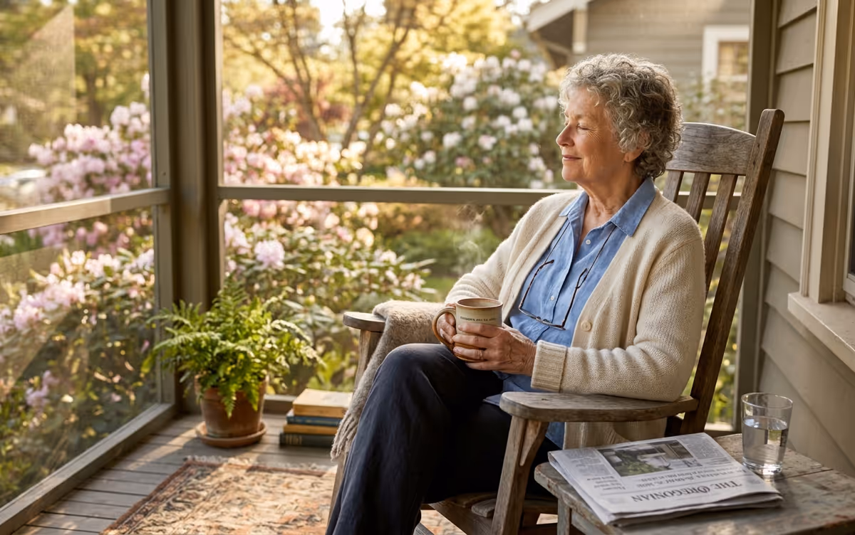 An elderly woman sits on a wooden rocking chair on a screened porch, holding a mug.