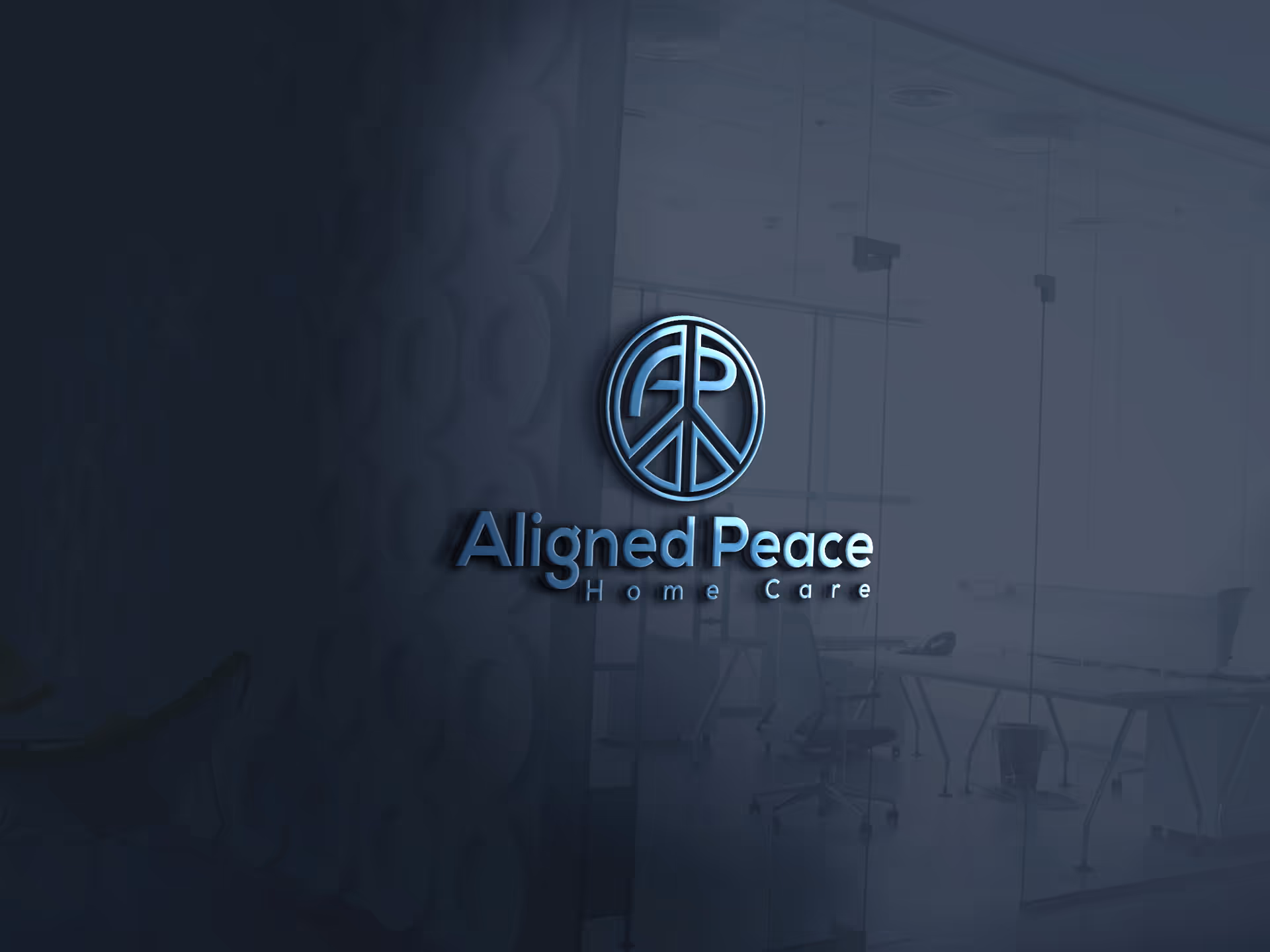 Aligned Peace Home Care logo on glass wall inside a modern interior reception area