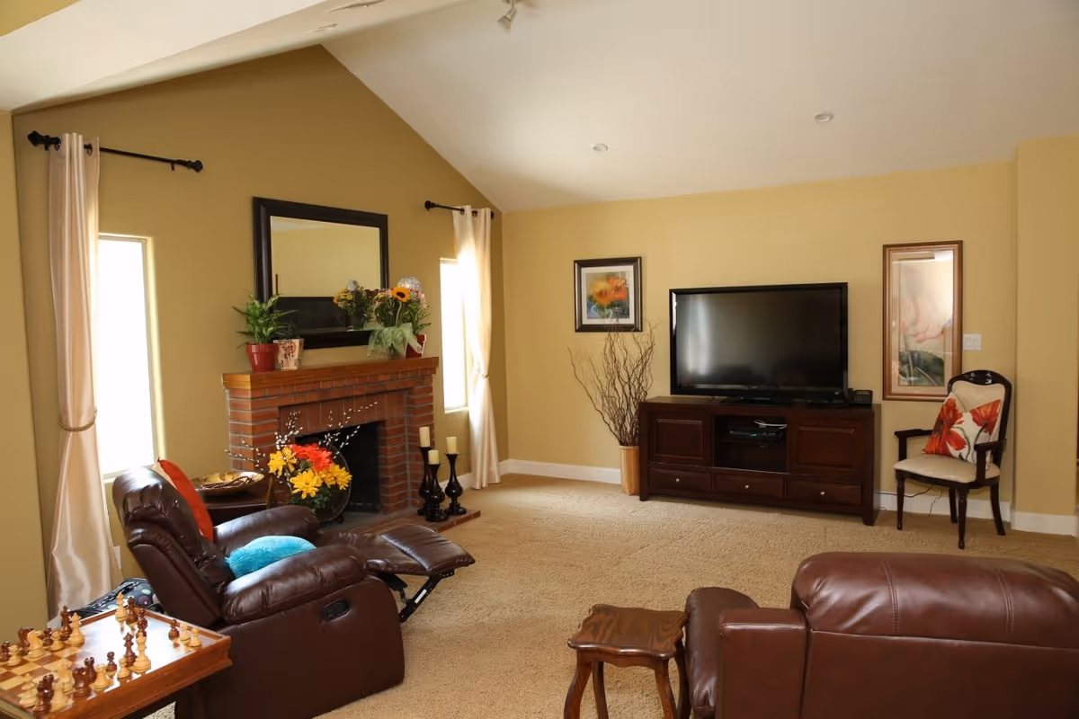 Cozy living room with leather seating, fireplace, TV, and potted plants.