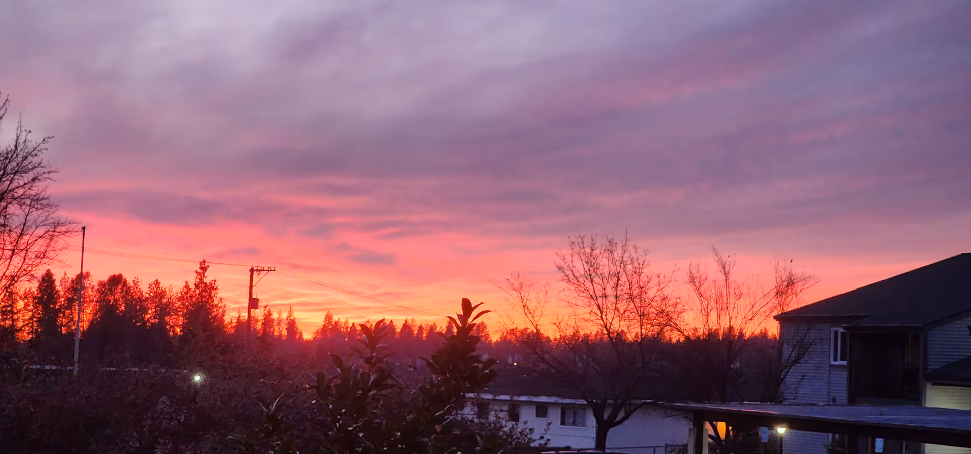Sunset sky with pink clouds over trees and a building exterior.