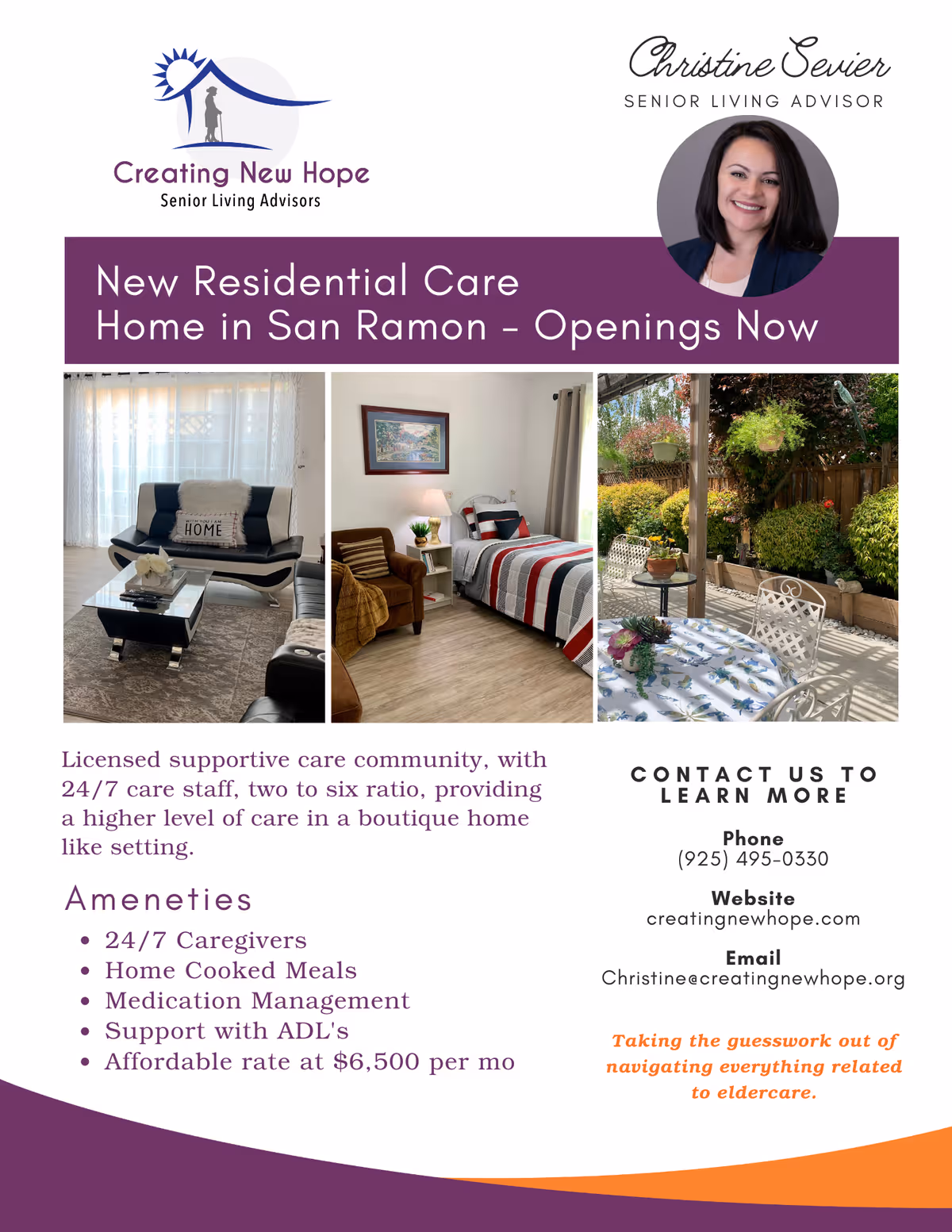 A promotional flyer for a senior living home featuring living room, bedroom, and outdoor patio photos.