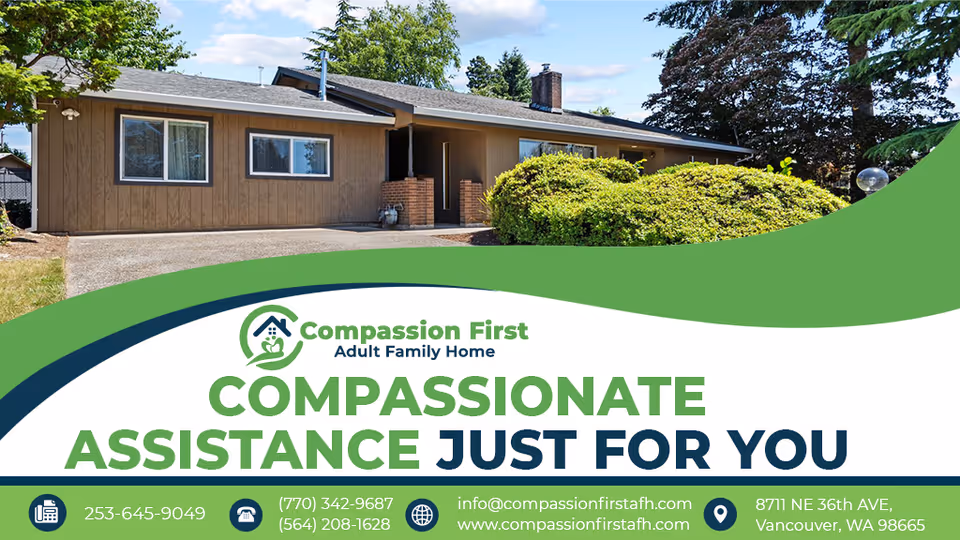 Front view of a single-story Compassion First adult family home with green landscaping and signage.