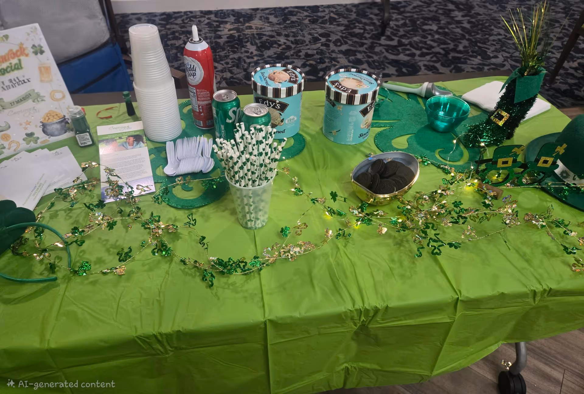 Green festively decorated table with cups, straws, and snacks inside a senior living facility.