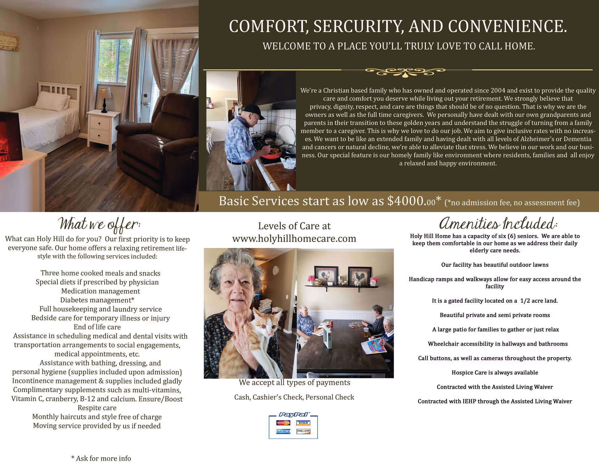 Collage brochure page showing a bedroom, living area, kitchen, and caregiver and resident photos.