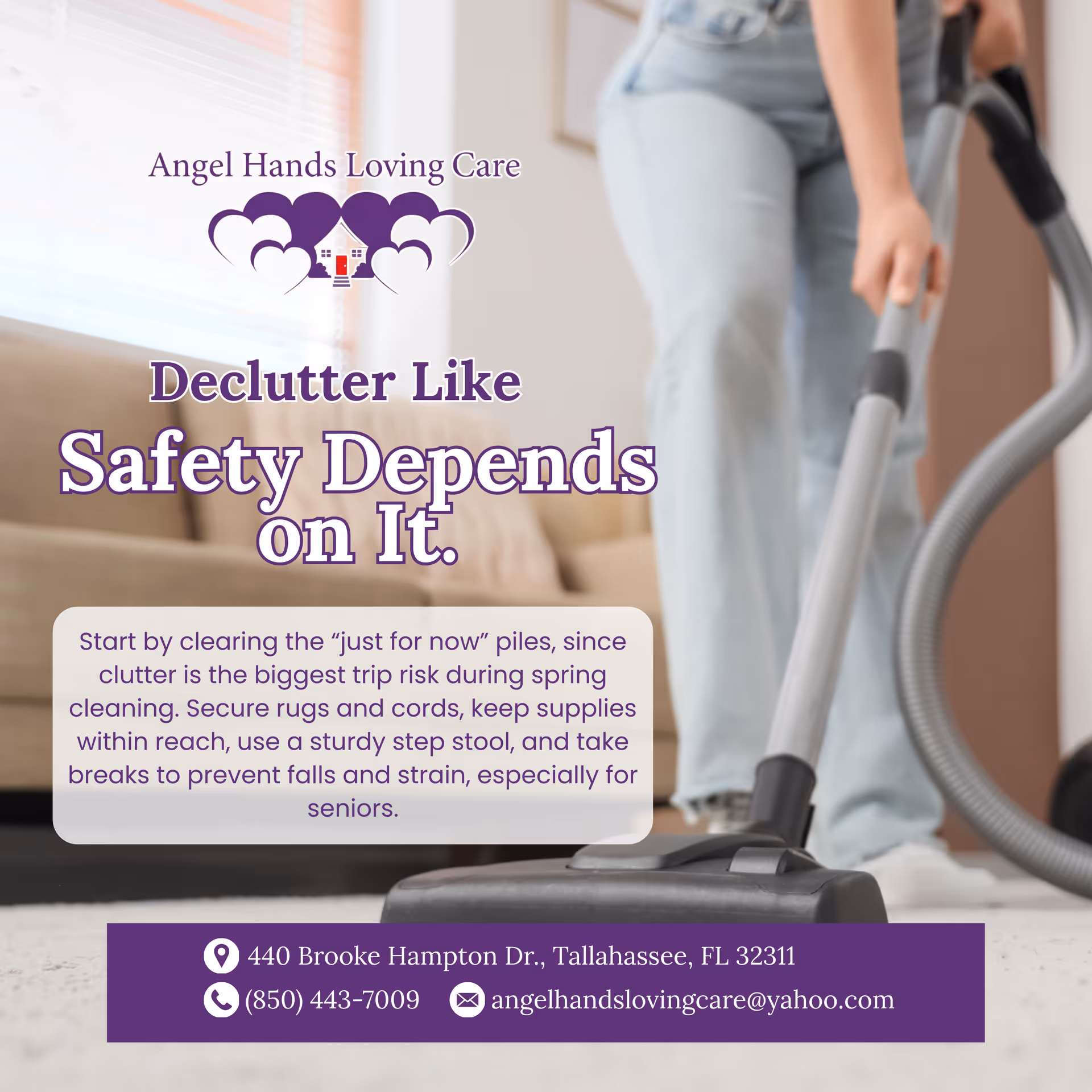 Person vacuuming a living room with promotional logo and safety message overlay.