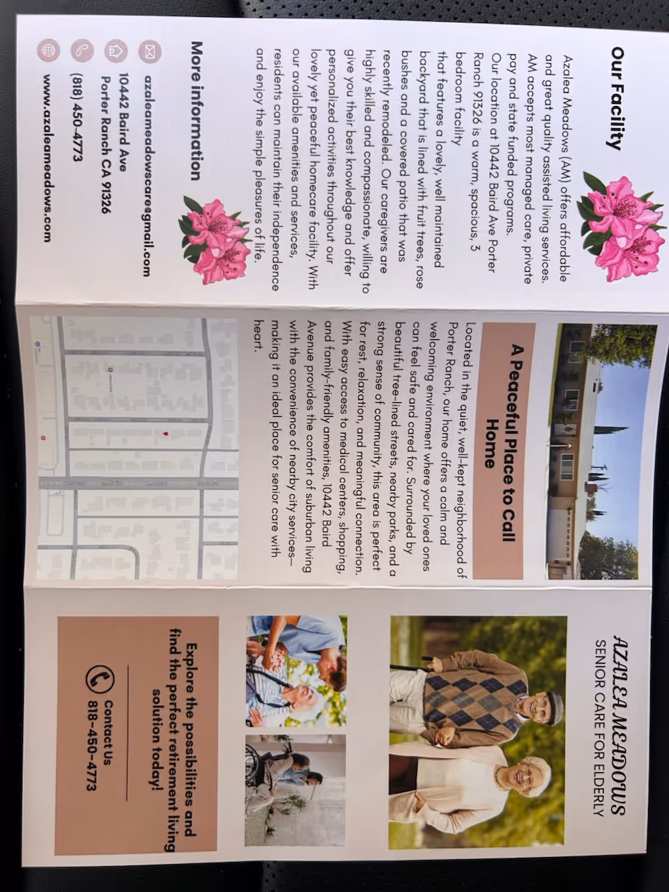 Tri-fold brochure for Azalea Meadows Care featuring facility overview, map, and photos.