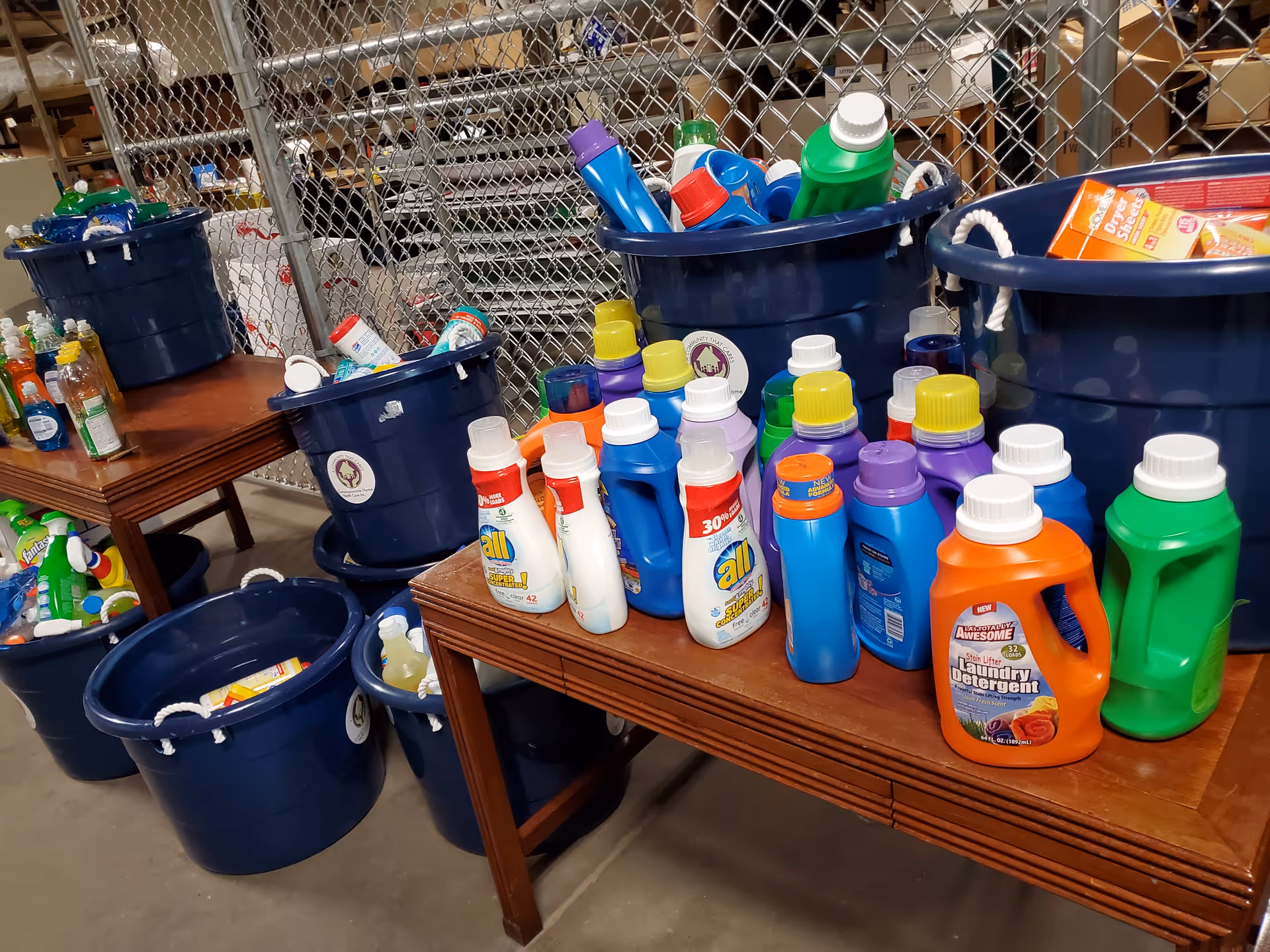 Interior storage area with blue bins and bottles of laundry detergent and cleaning supplies.