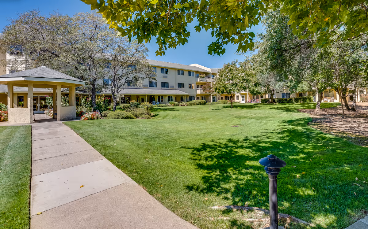 Sunlit senior living campus with a green lawn, trees, and a building in the background.