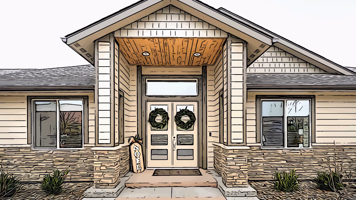 Front entrance of a senior living facility with double doors and wreaths.