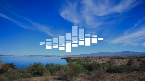 Desert river valley landscape with shrubs, a lake, distant mountains, and a white bar graph overlay.