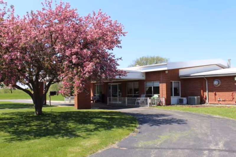 Exterior view of a single-story brick building with a covered entrance and a paved driveway. A large tree with pink blossoms is in the foreground on a grassy lawn under a clear blue sky.