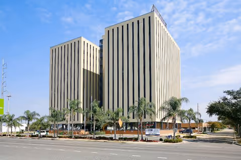Two tall beige office towers with palm trees along a street in front.