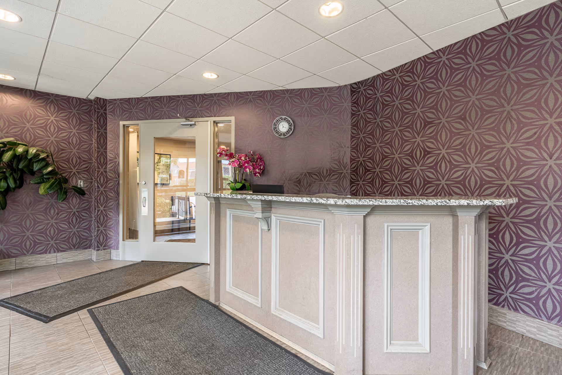 Reception desk in a purple patterned lobby with glass doors and a potted plant.