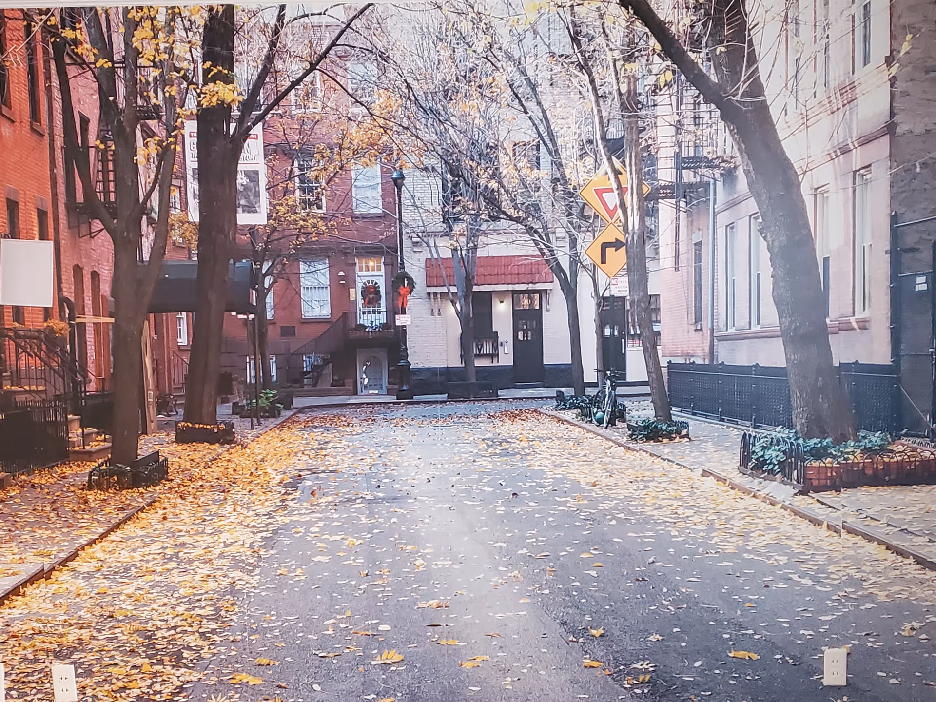 Autumn street view with fallen leaves, trees, and brick buildings.