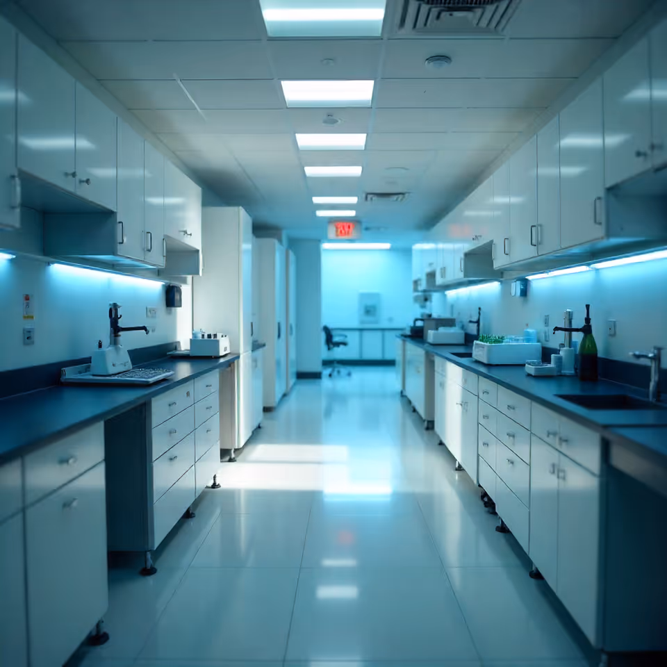 A sterile, long laboratory corridor with white cabinetry and blue under-shelf lighting.