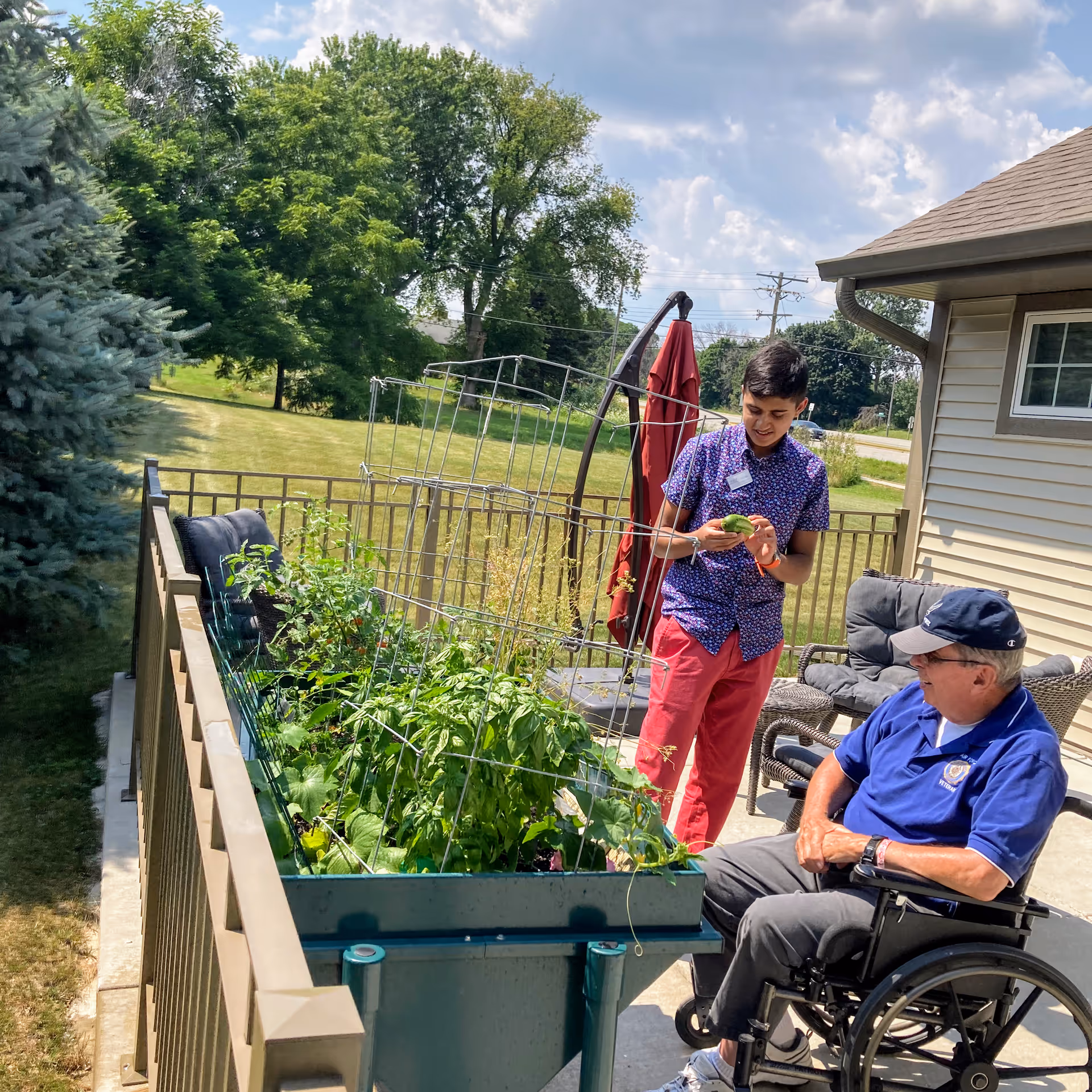 An outdoor patio area at a senior living facility with a raised garden bed filled with green plants. A young person in a purple patterned shirt and red pants is holding a green vegetable and talking to an older man in a wheelchair wearing a blue shirt and cap. There are trees and grass in the background under a partly cloudy sky.