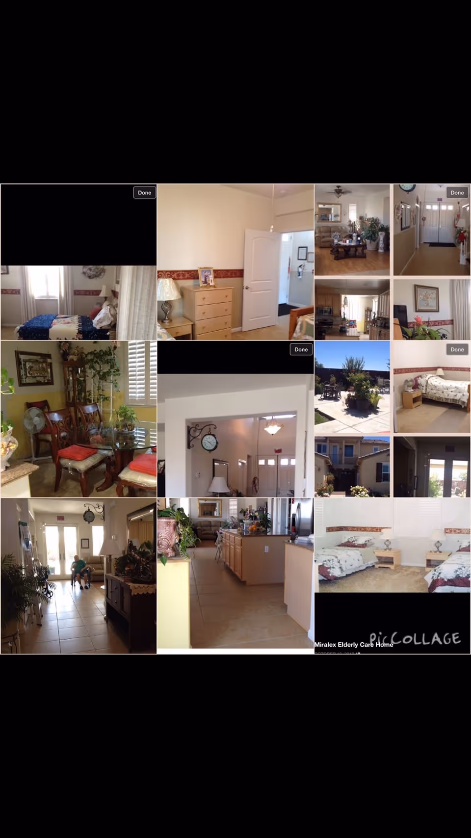 Photo collage of interior rooms and common areas of an elderly care home showing bedrooms, seating areas, hallways and an outdoor patio.