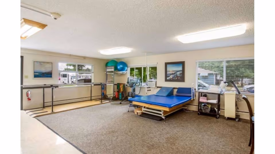 A rehabilitation therapy room with a large blue therapy bed, parallel bars for walking exercises, exercise balls, and various therapy equipment. The room has large windows with blinds, framed artwork on the walls, and overhead fluorescent lighting.