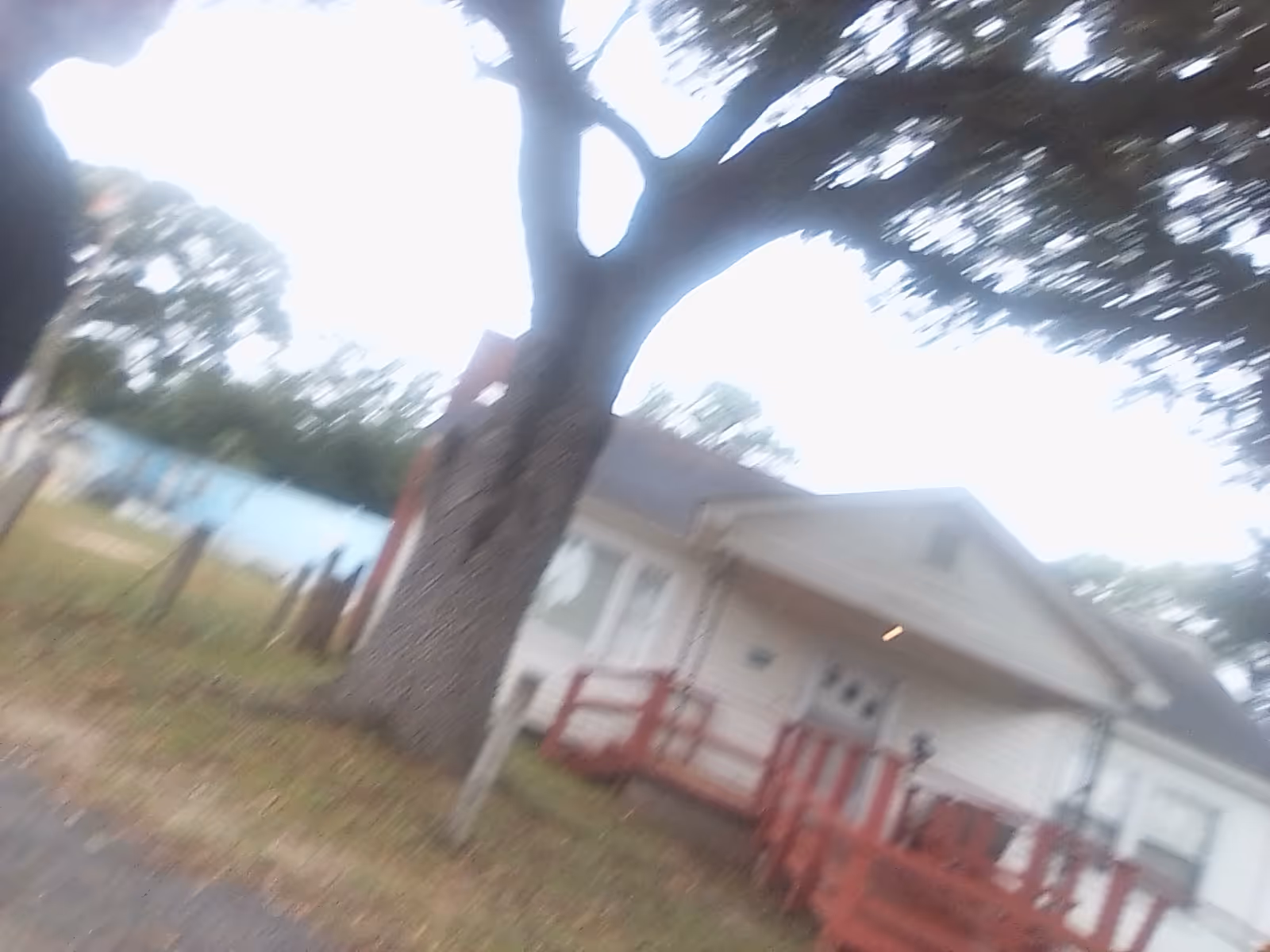 Front view of a single-story senior living building with a wooden deck and large tree