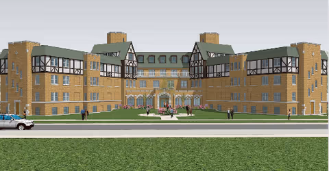 Exterior rendering of a large brick Maywood Supportive Living building with green roofs.